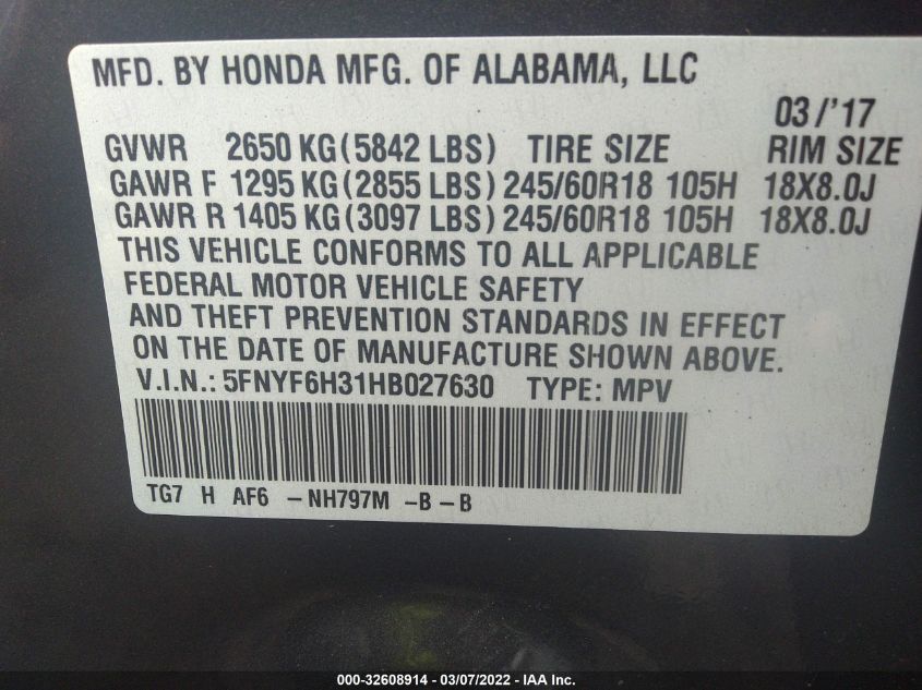 2017 HONDA PILOT EX 5FNYF6H31HB027630
