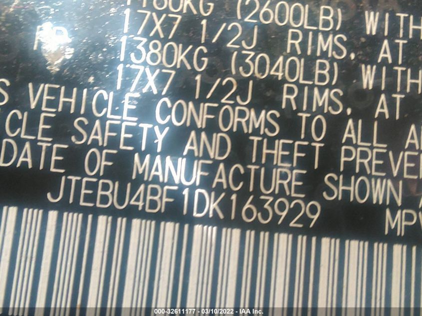 2013 TOYOTA FJ CRUISER JTEBU4BF1DK163929