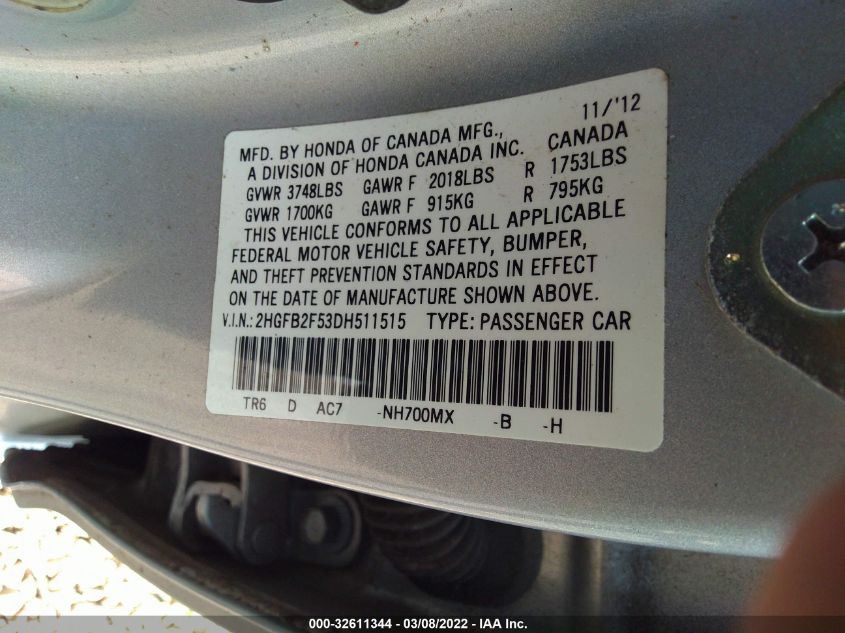 2013 HONDA CIVIC SDN LX 2HGFB2F53DH511515