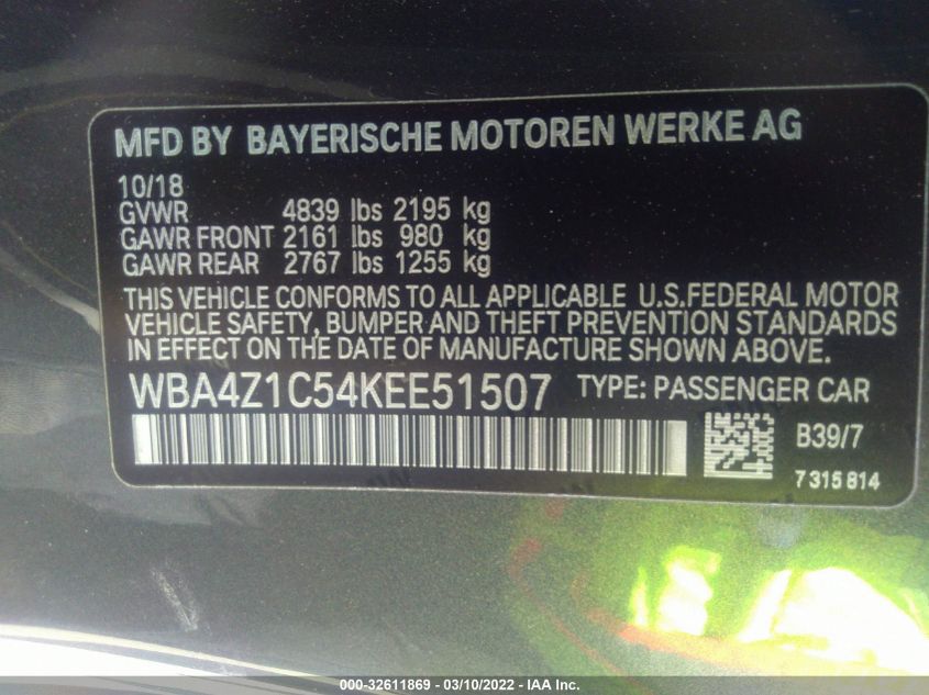 2019 BMW 4 SERIES 430I WBA4Z1C54KEE51507