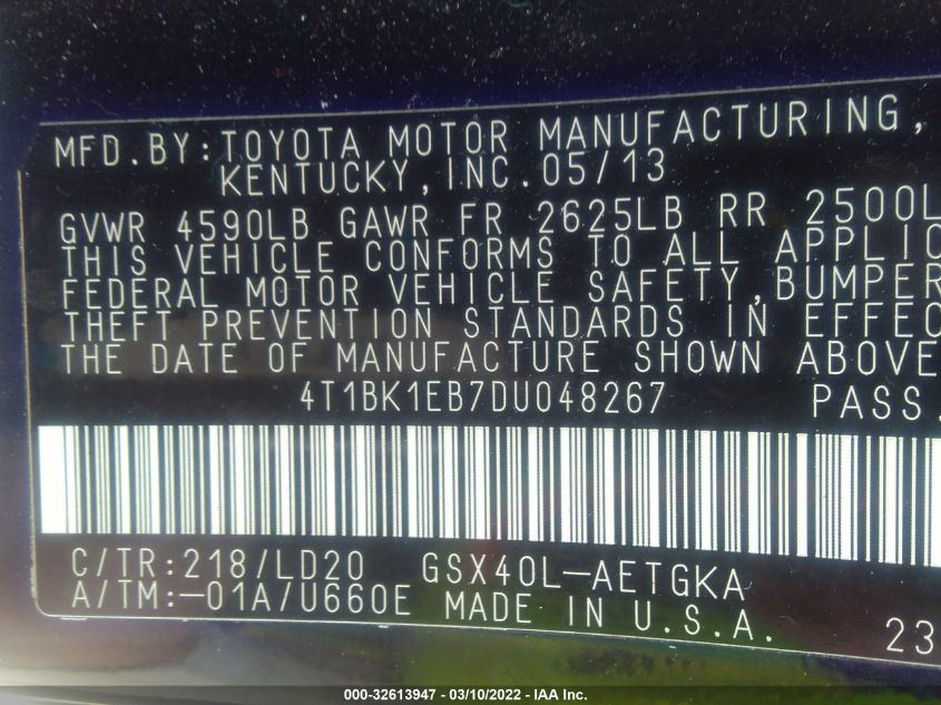 2013 TOYOTA AVALON XLE/LIMITED 4T1BK1EB7DU048267