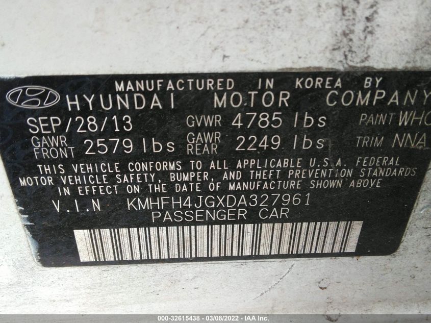 2013 HYUNDAI AZERA KMHFH4JGXDA327961
