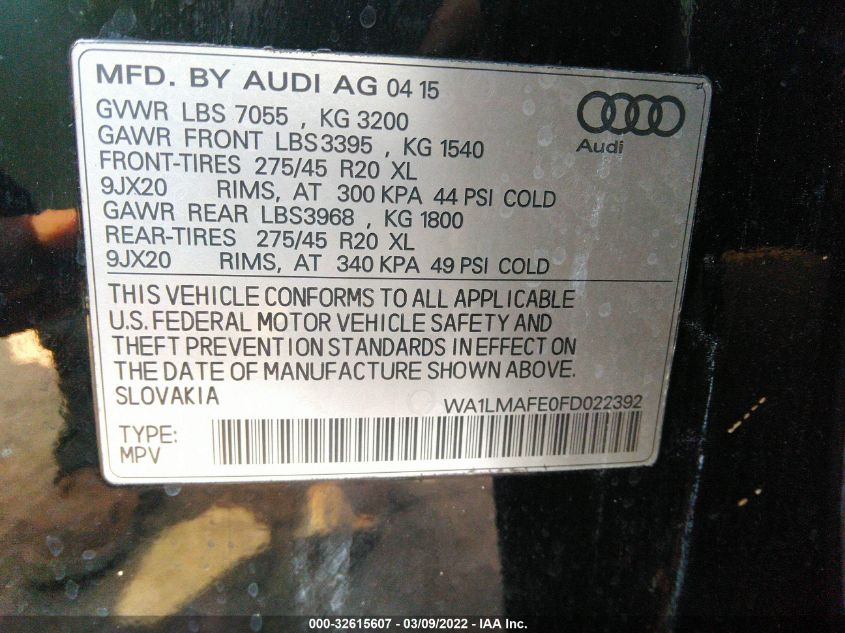 2015 AUDI Q7 3.0L TDI PREMIUM PLUS WA1LMAFE0FD022392