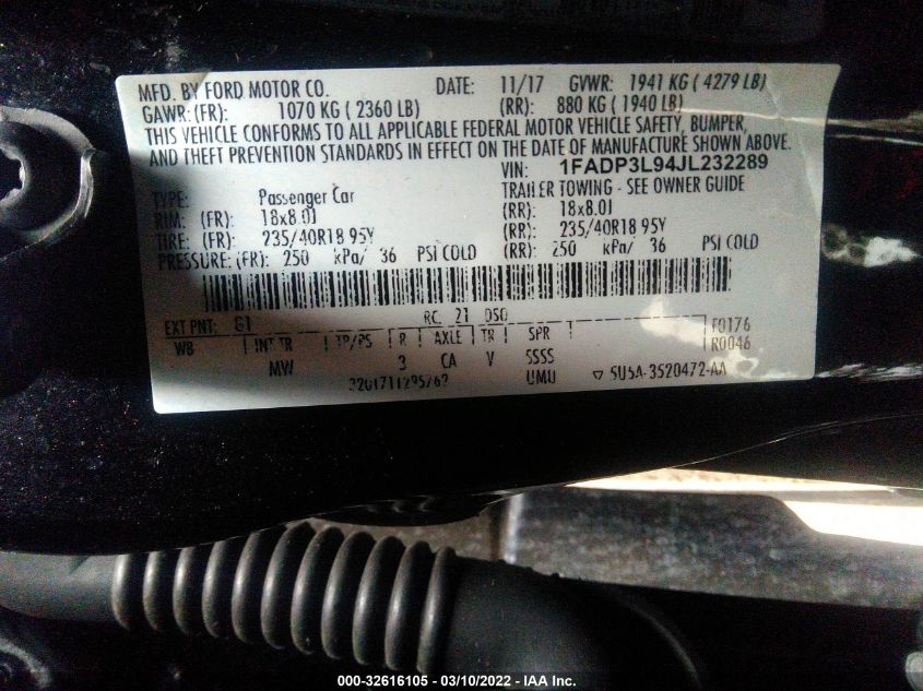 1FADP3L94JL232289 2018 FORD FOCUS, photo no. 9