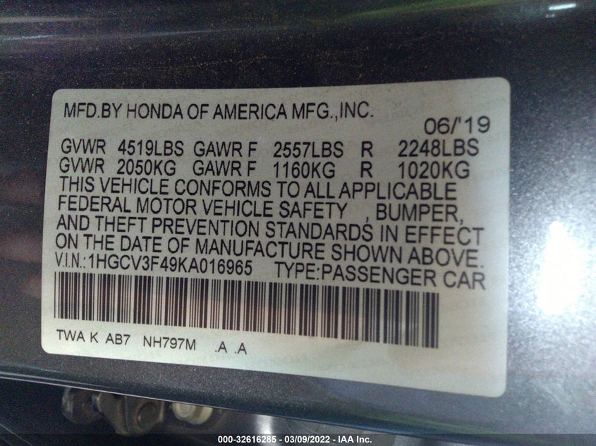 2019 HONDA ACCORD HYBRID VIN: 1HGCV3F49KA016965