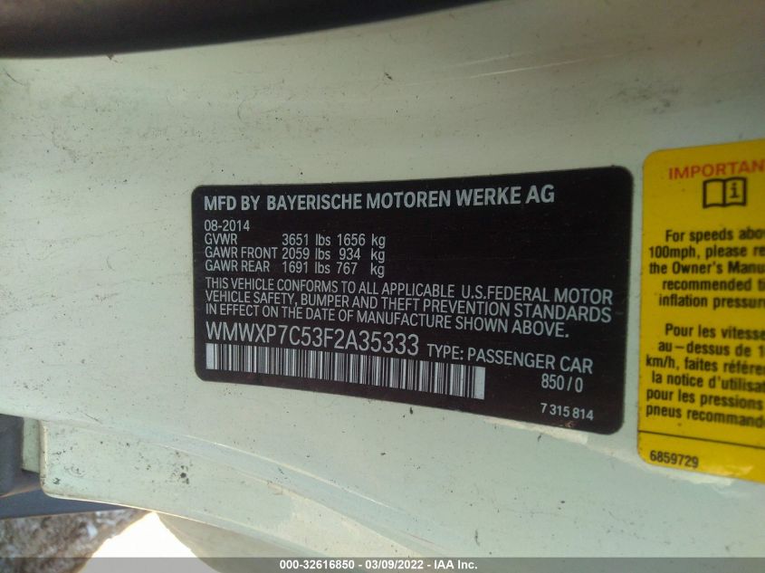 2015 MINI COOPER HARDTOP S WMWXP7C53F2A35333