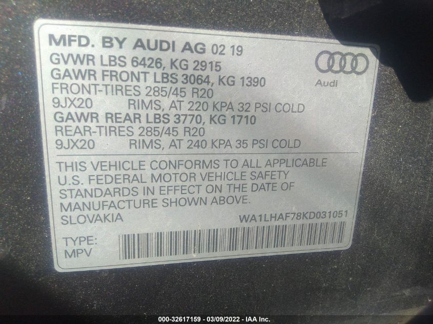 2019 AUDI Q7 PREMIUM PLUS WA1LHAF78KD031051