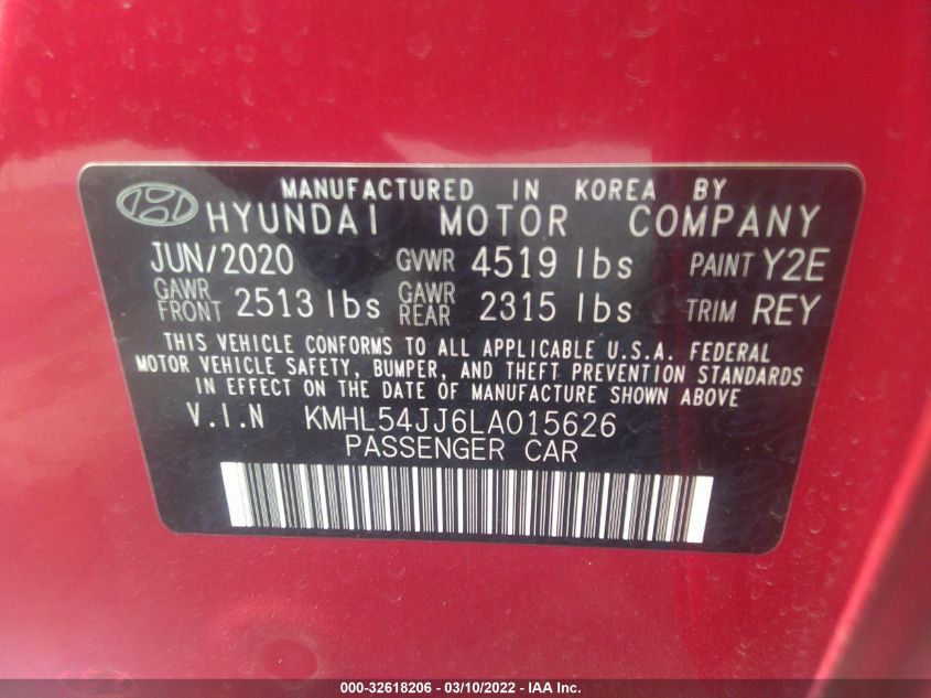 2020 HYUNDAI SONATA HYBRID LIMITED KMHL54JJ6LA015626
