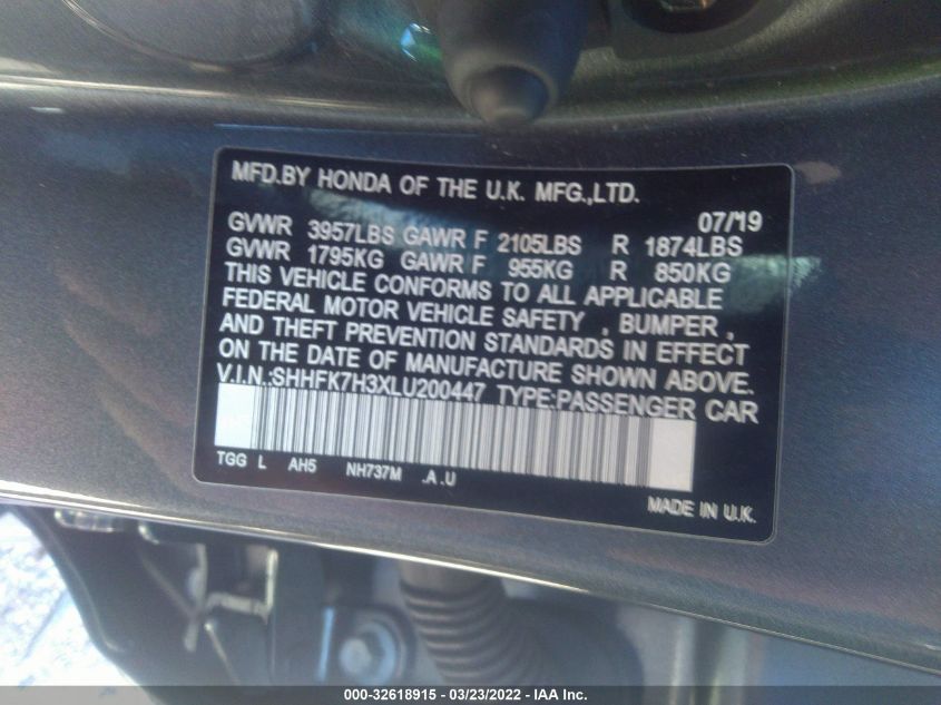 2020 HONDA CIVIC HATCHBACK LX SHHFK7H3XLU200447