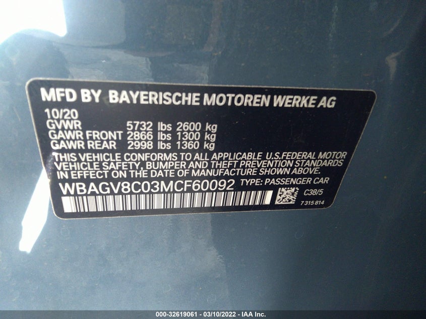 2021 BMW 8 SERIES VIN: WBAGV8C03MCF60092