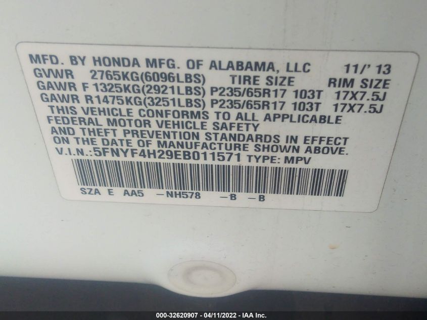 2014 HONDA PILOT LX 5FNYF4H29EB011571