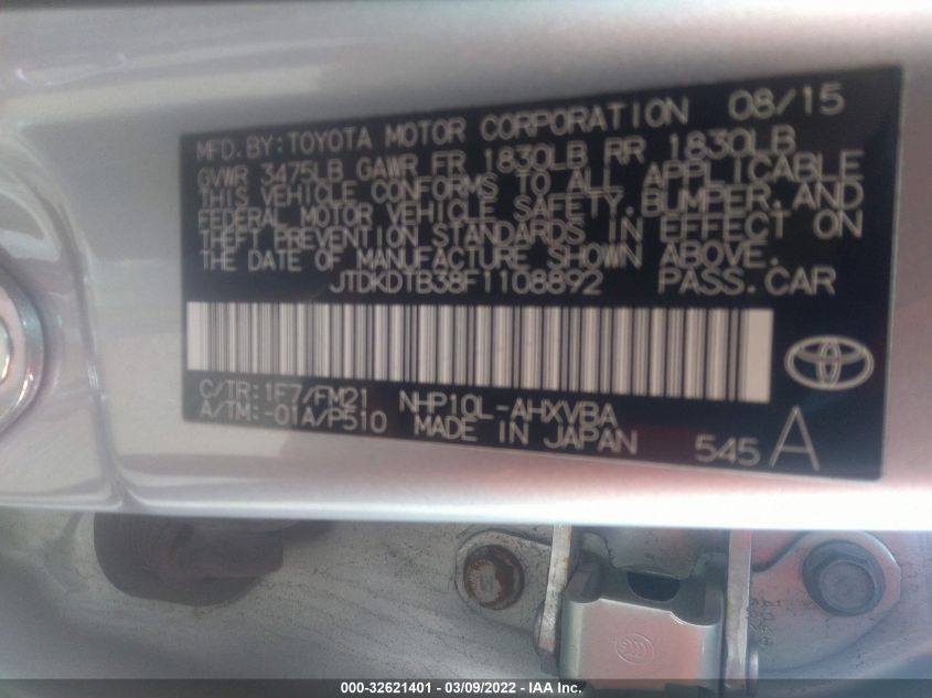 2015 TOYOTA PRIUS C ONE/TWO/THREE/FOUR JTDKDTB38F1108892