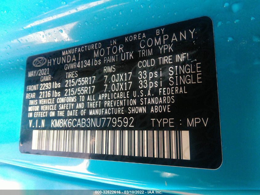 2022 HYUNDAI KONA SEL KM8K6CAB3NU779592