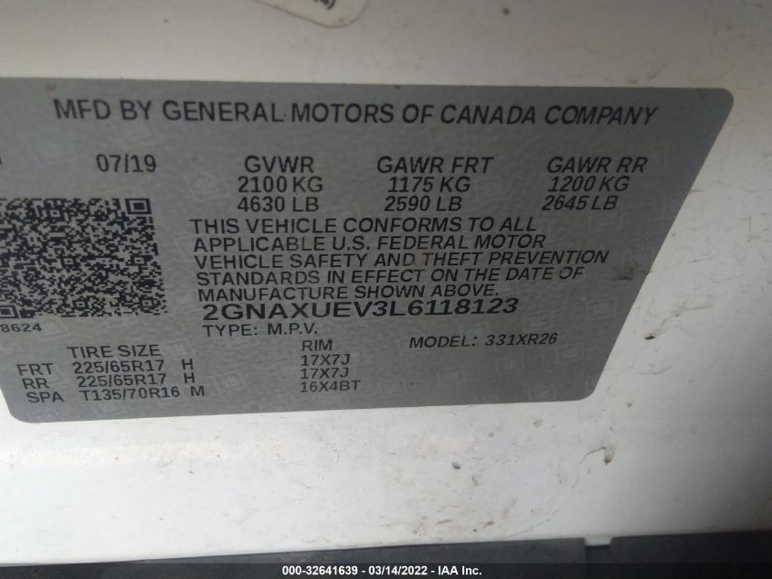 Auction sale of the 2020 CHEVROLET EQUINOX , vin: 2GNAXUEV3L6118123, lot number: 32641639