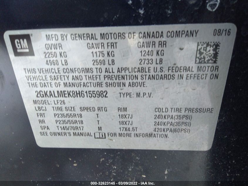 2017 GMC TERRAIN SLE 2GKALMEK8H6155982