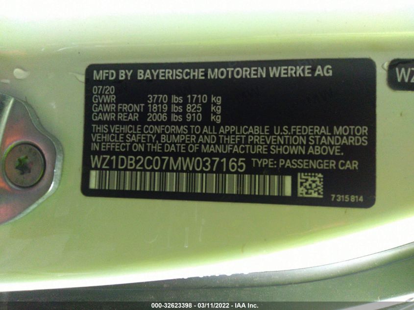 2021 TOYOTA GR SUPRA 2.0 WZ1DB2C07MW037165
