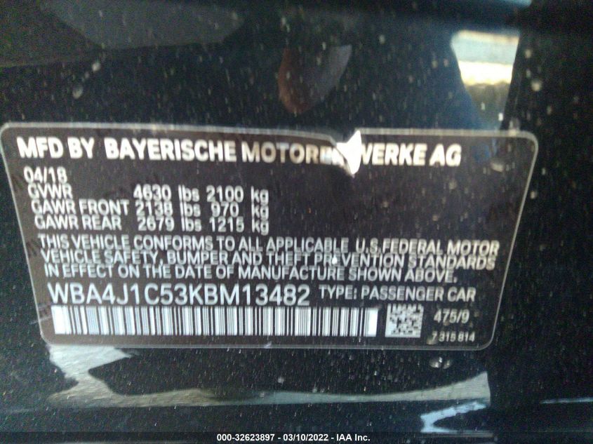 2019 BMW 4 SERIES 430I WBA4J1C53KBM13482