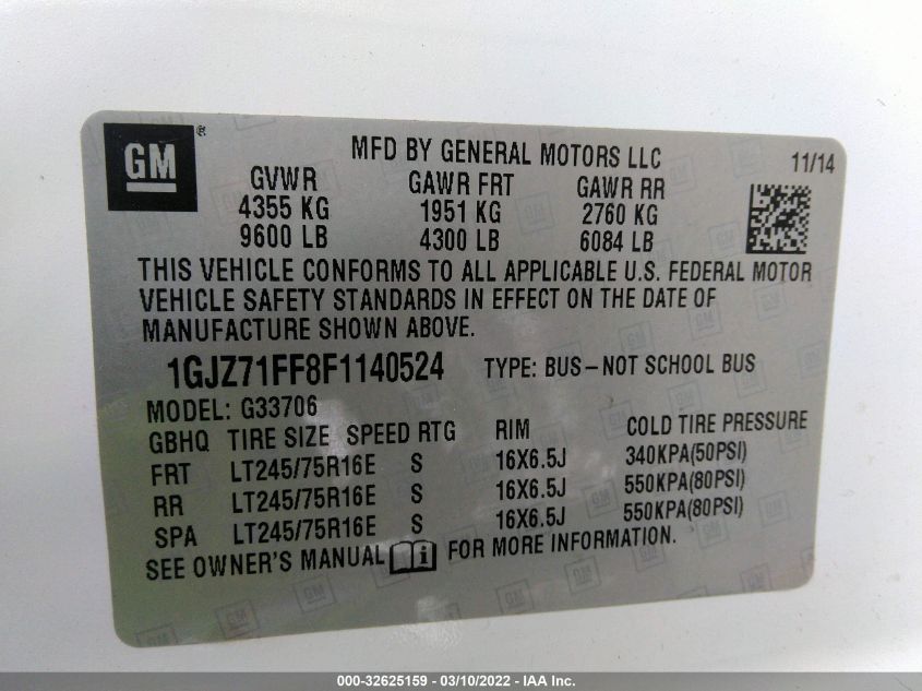 2015 GMC SAVANA PASSENGER LT 1GJZ71FF8F1140524