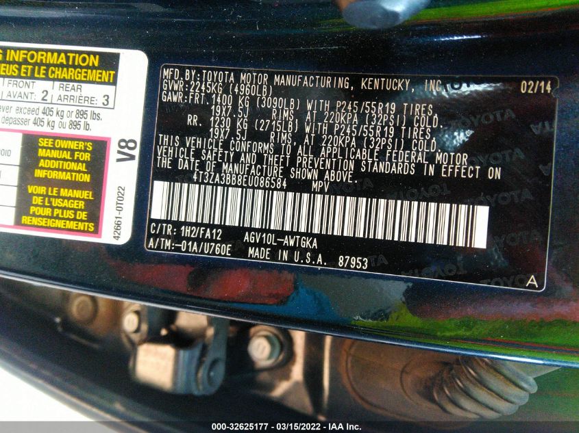 2014 TOYOTA VENZA LE/XLE 4T3ZA3BB8EU086584