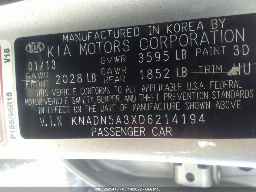 2013 KIA RIO EX KNADN5A3XD6214194