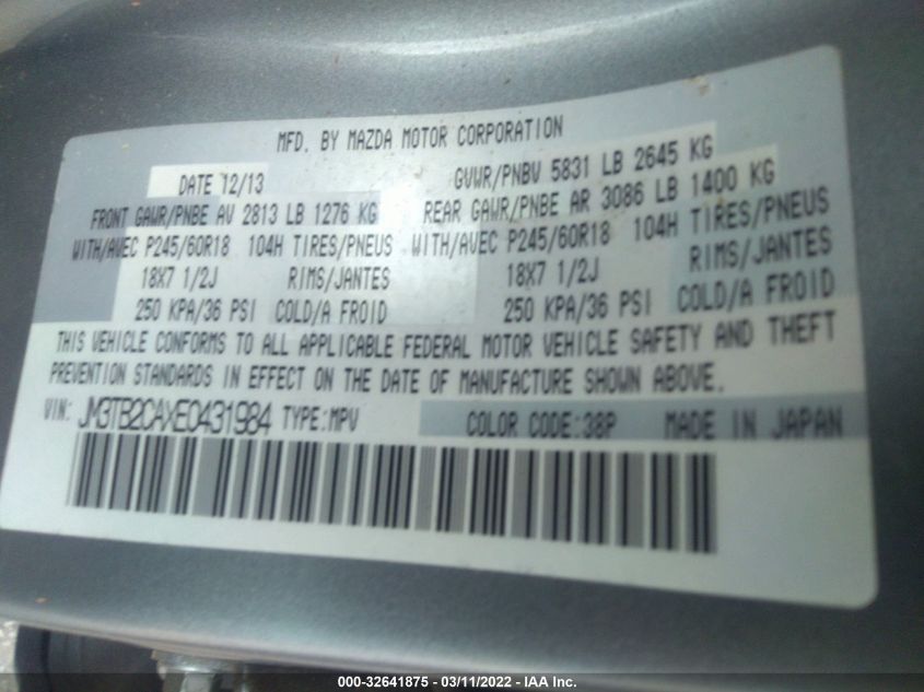 2014 MAZDA CX-9 TOURING JM3TB2CAXE0431984