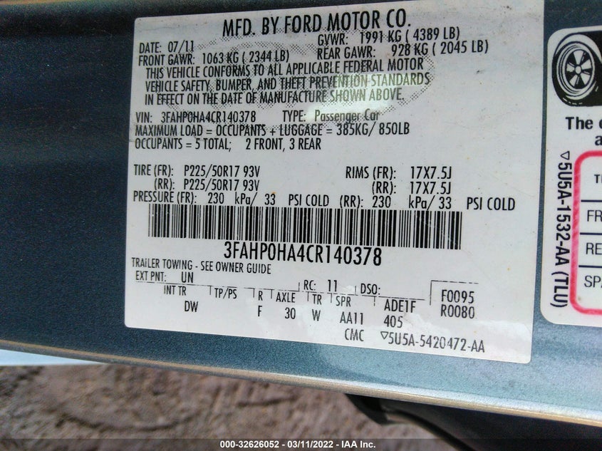 2012 FORD FUSION VIN: 3FAHP0HA4CR140378