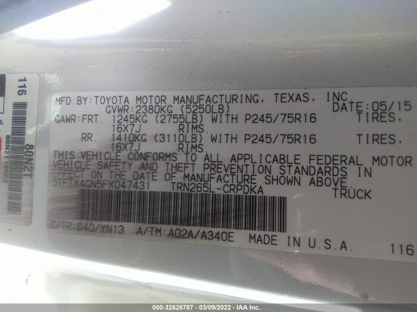 2015 TOYOTA TACOMA PRERUNNER 5TFTX4GN5FX047431