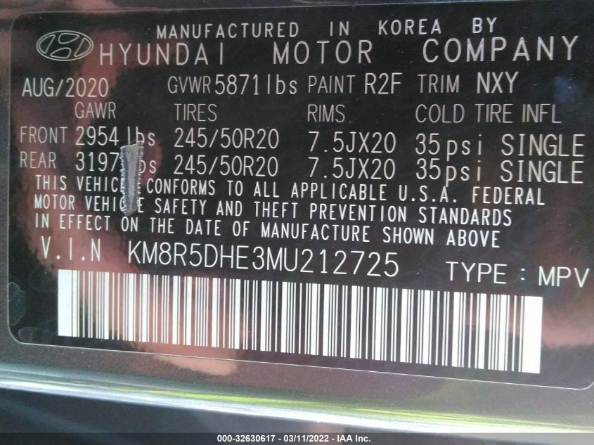 2021 HYUNDAI PALISADE LIMITED KM8R5DHE3MU212725