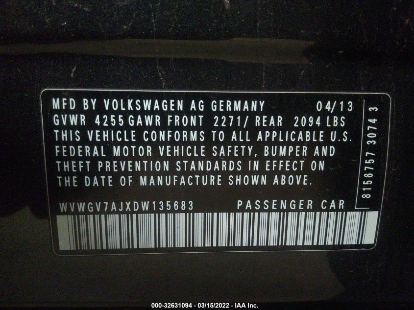 2013 VOLKSWAGEN GTI WOLFSBURG WVWGV7AJXDW135683