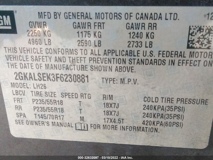 2015 GMC TERRAIN SLT 2GKALSEK3F6230881