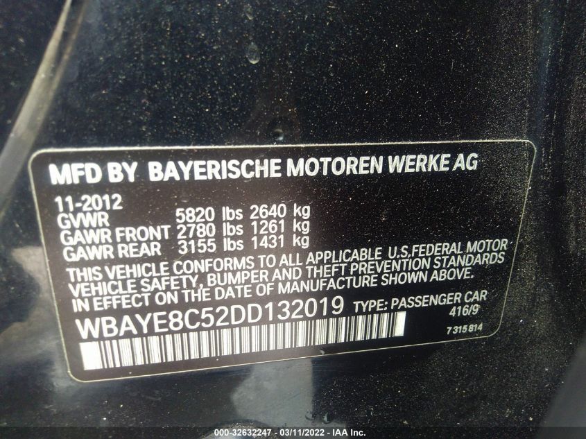2013 BMW 7 SERIES 750LI WBAYE8C52DD132019