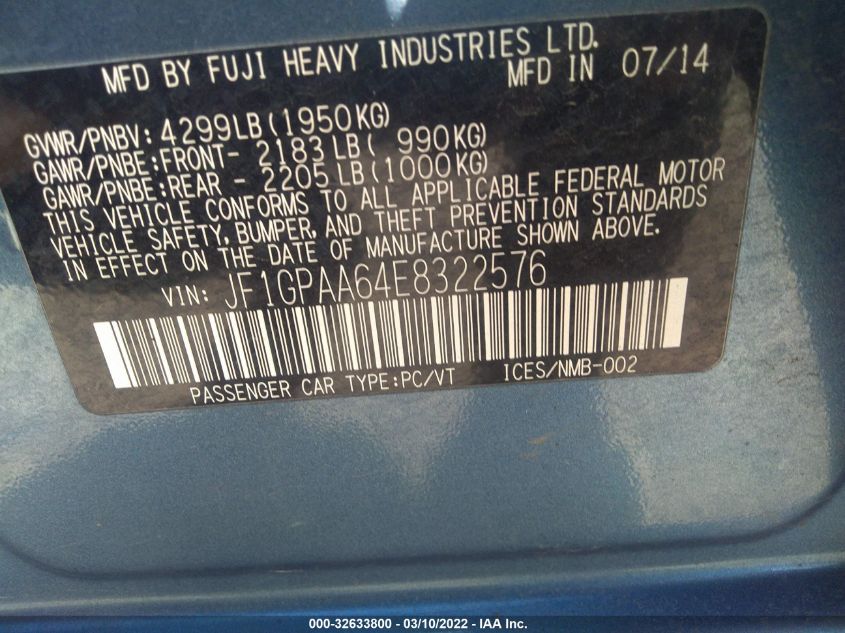 2014 SUBARU IMPREZA WAGON 2.0I JF1GPAA64E8322576