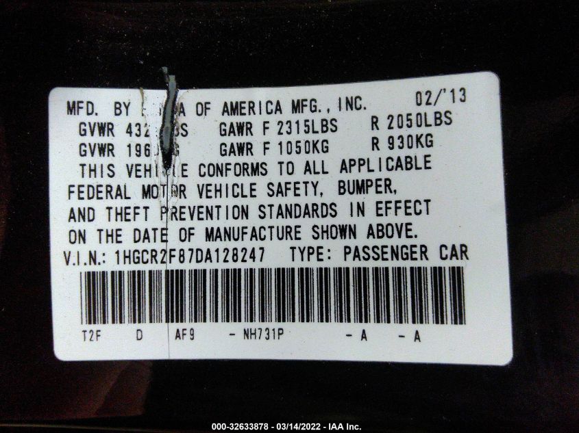 2013 HONDA ACCORD SDN EX-L 1HGCR2F87DA128247