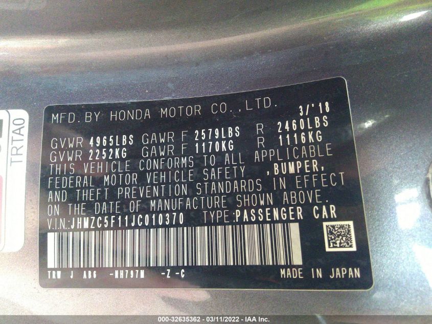 2018 HONDA CLARITY PLUG-IN HYBRID JHMZC5F11JC010370
