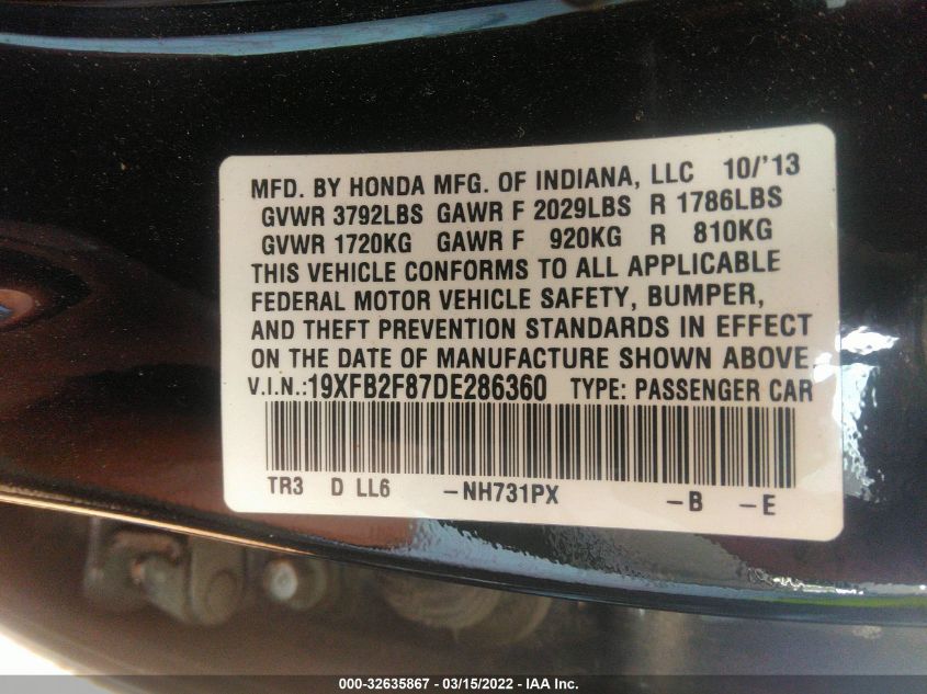 2013 HONDA CIVIC SDN EX 19XFB2F87DE286360
