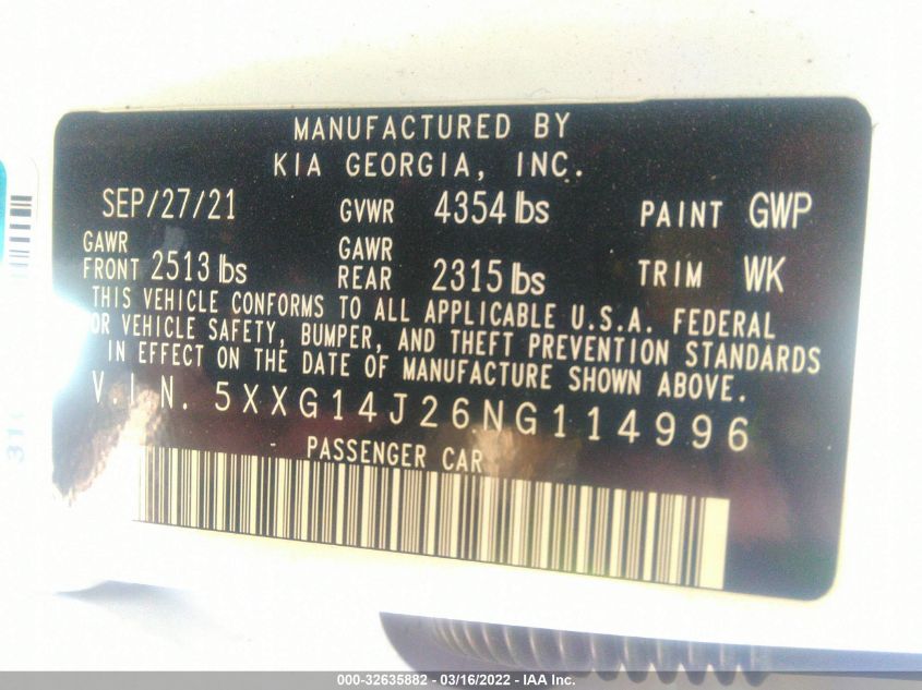 2022 KIA K5 LXS 5XXG14J26NG114996
