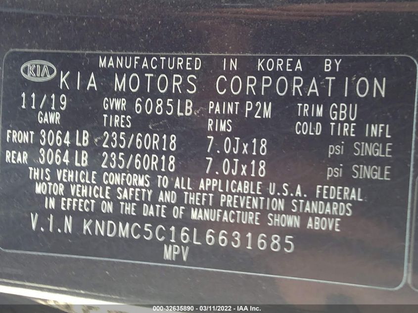 2020 KIA SEDONA EX KNDMC5C16L6631685