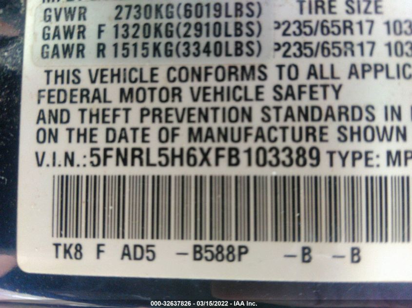 2015 HONDA ODYSSEY EX-L 5FNRL5H6XFB103389