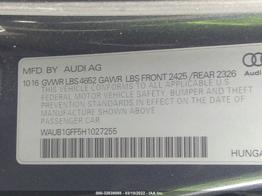 2017 AUDI S3 PREMIUM PLUS WAUB1GFF5H1027255