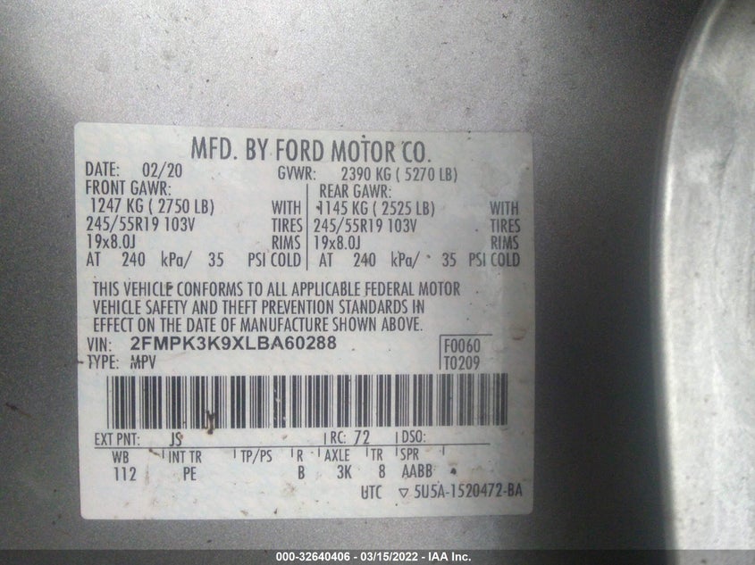 VIN 2FMPK3K9XLBA60288 2020 FORD EDGE TITANIUM