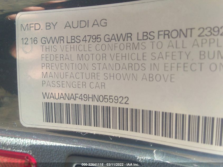 2017 AUDI A4 PREMIUM WAUANAF49HN055922