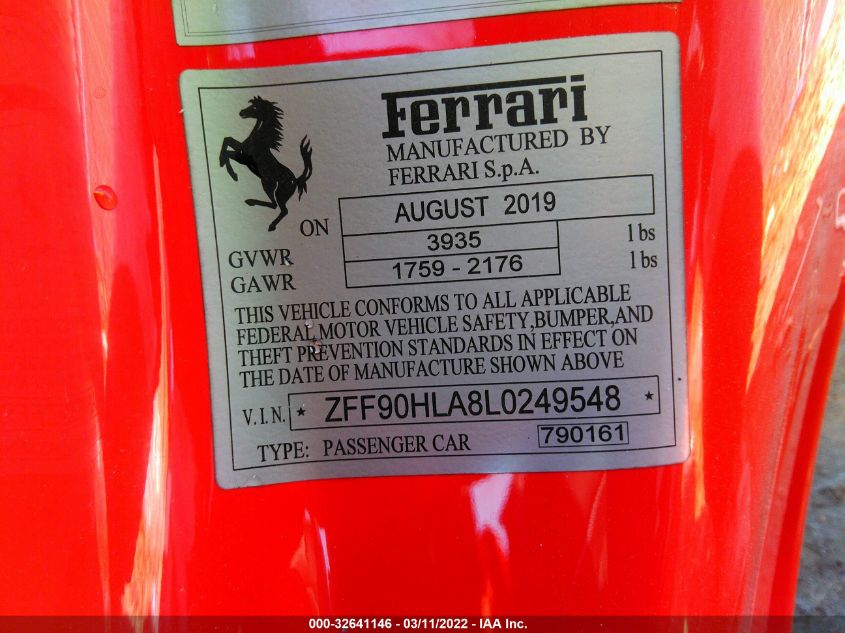 2020 FERRARI 488 PISTA ZFF90HLA8L0249548