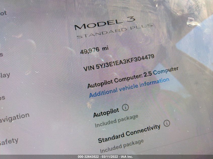 2019 TESLA MODEL 3 RANGE 5YJ3E1EA3KF304479