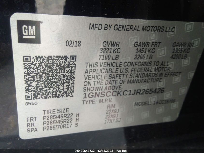 2018 CHEVROLET TAHOE PREMIER 1GNSCCKC1JR265426