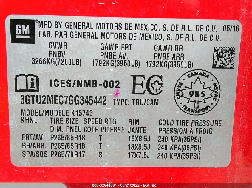 2016 GMC SIERRA 1500 SLE 3GTU2MEC7GG345442