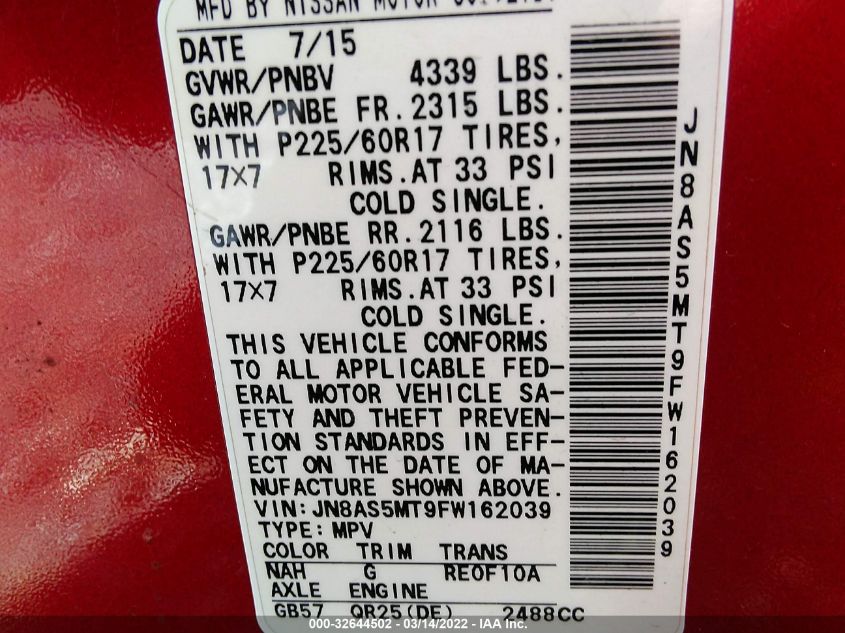 2015 NISSAN ROGUE SELECT S JN8AS5MT9FW162039