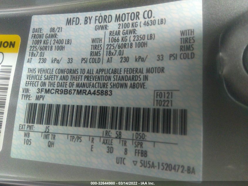 2021 FORD BRONCO SPORT BIG BEND 3FMCR9B67MRA45883