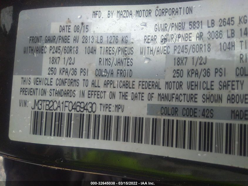 2015 MAZDA CX-9 TOURING JM3TB2CA1F0469430