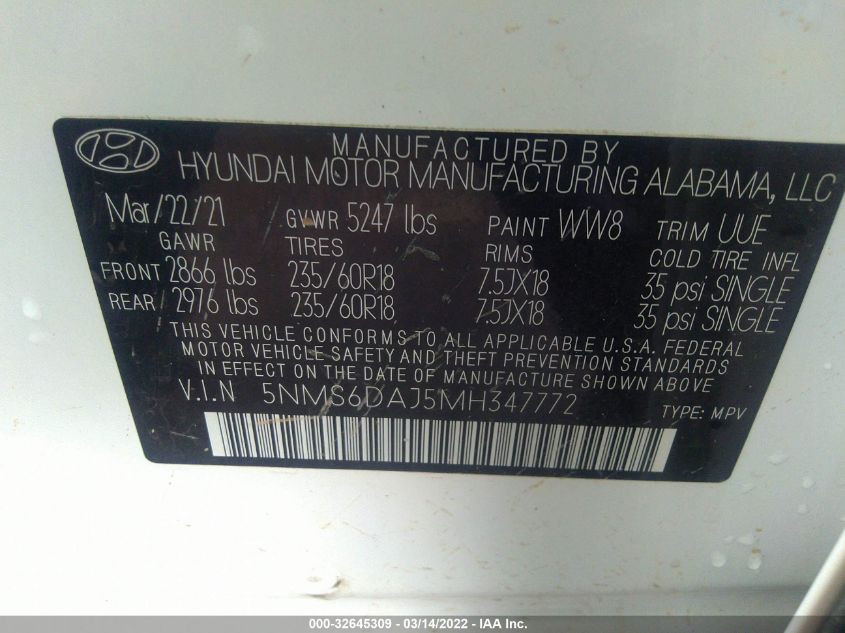 2021 HYUNDAI SANTA FE SEL 5NMS6DAJ5MH347772