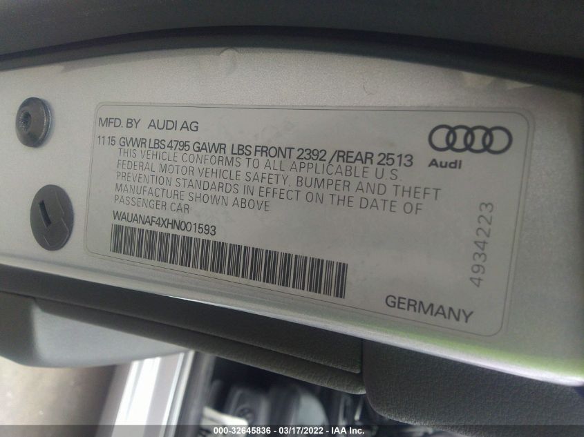 2017 AUDI A4 PREMIUM WAUANAF4XHN001593